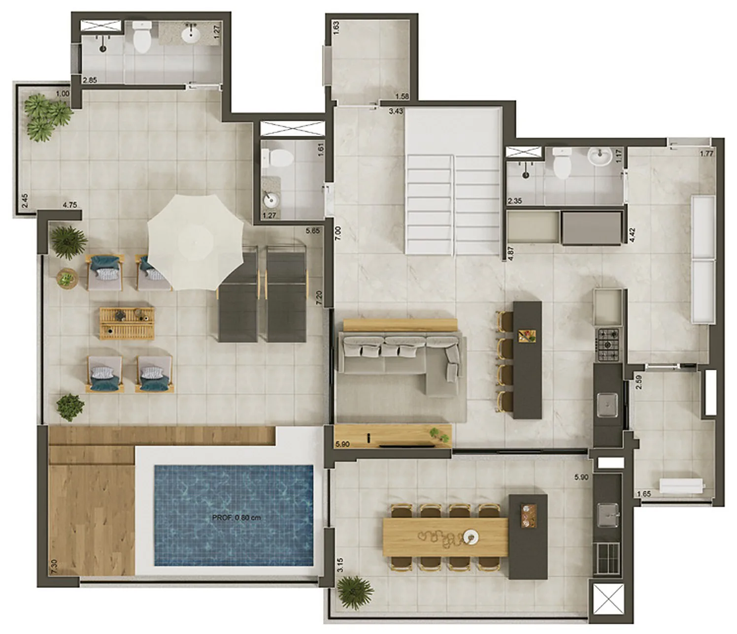 Cobertura 300,92 m², pavimento superior com piscina privativa