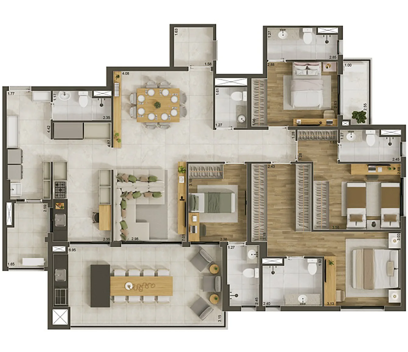 Planta 171,79 m² opção 01 com 4 suítes
