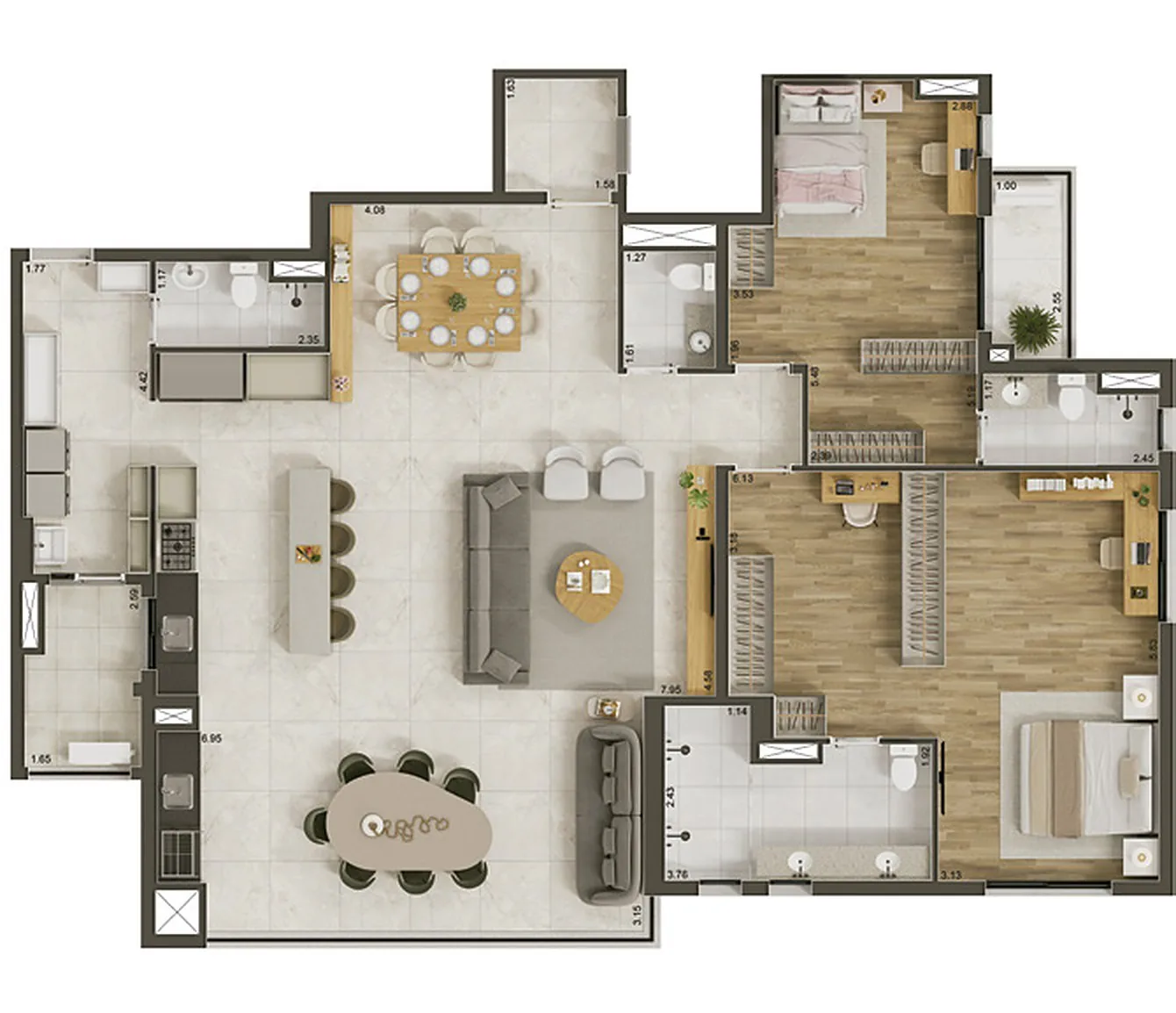 Planta 171,79 m² opção 06 com 2 suítes e living ampliado