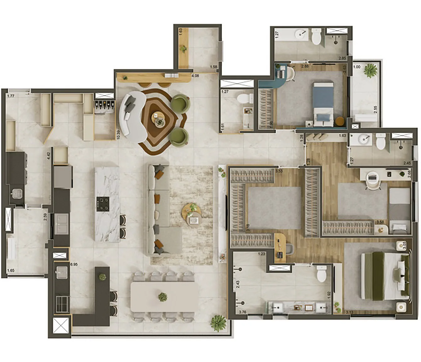 Planta do apartamento decorado de 171,79 m² com 3 suítes e living ampliado