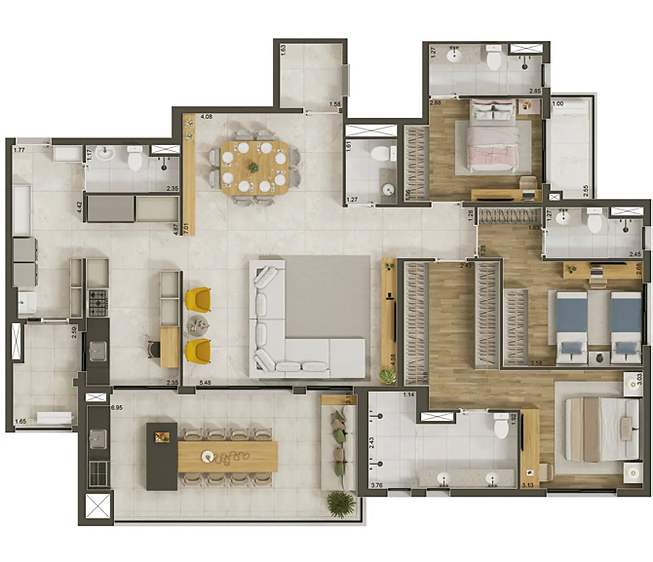 Planta 171,79 m² opção 04 com 3 suítes