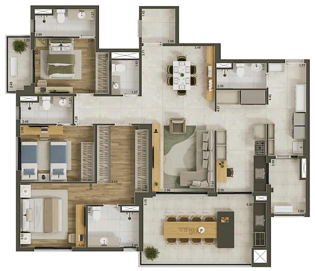 Planta 150,38 m² opção 01 com 3 suítes