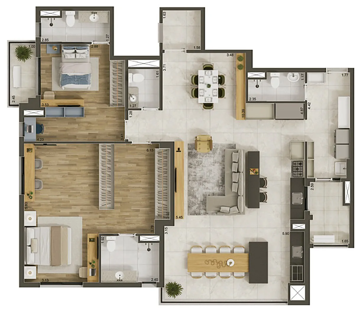 Planta 150,38 m² opção 03 com 2 suítes e living ampliado