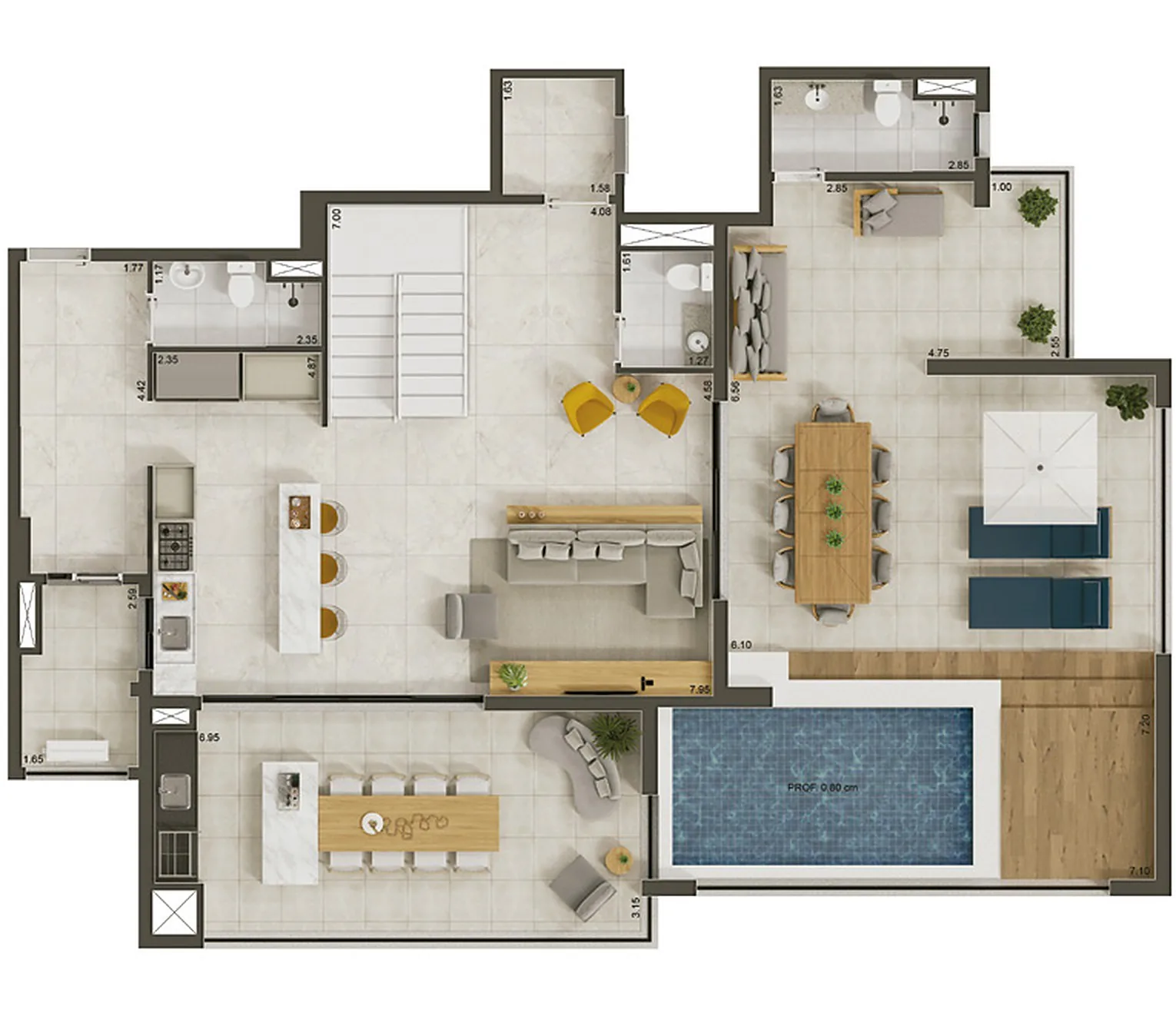 Cobertura 343,92 m², pavimento superior com piscina privativa