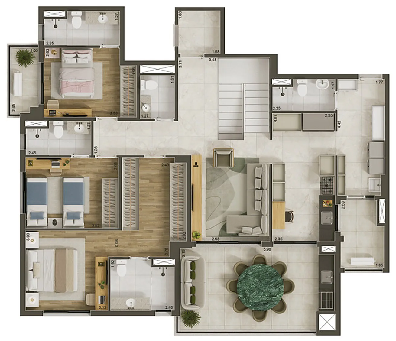 Cobertura 300,92 m², pavimento inferior com 3 suítes