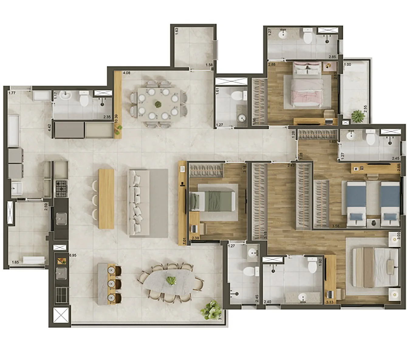 Planta 171,79 m² opção 03 com 4 suítes e living ampliado