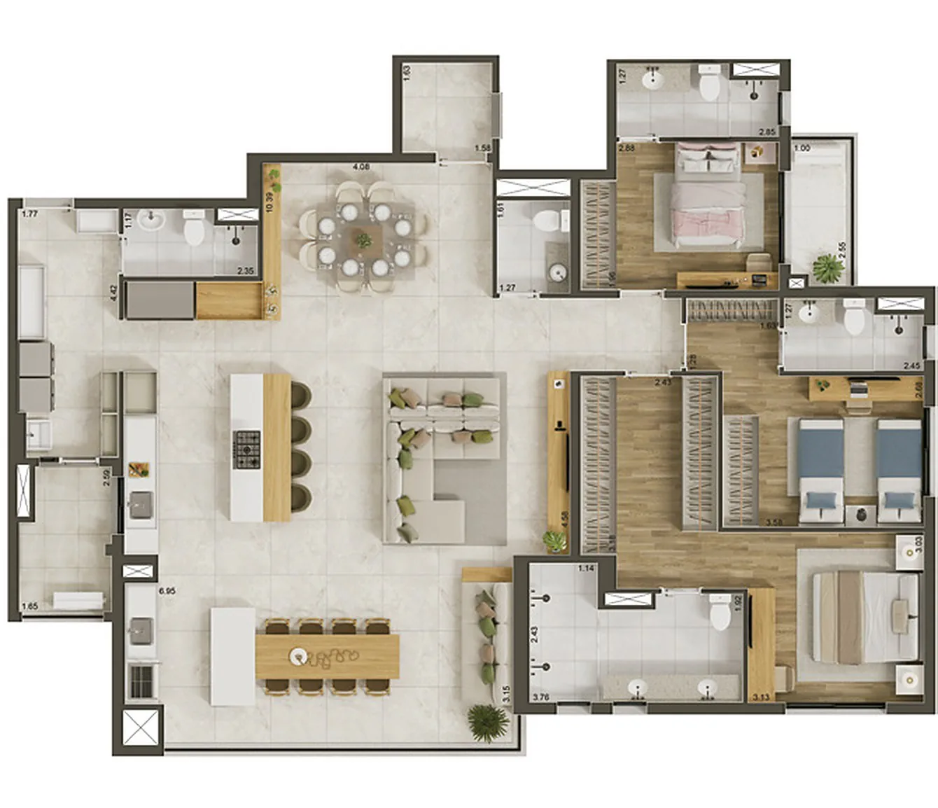 Planta 171,79 m² opção 05 com 3 suítes e living ampliado