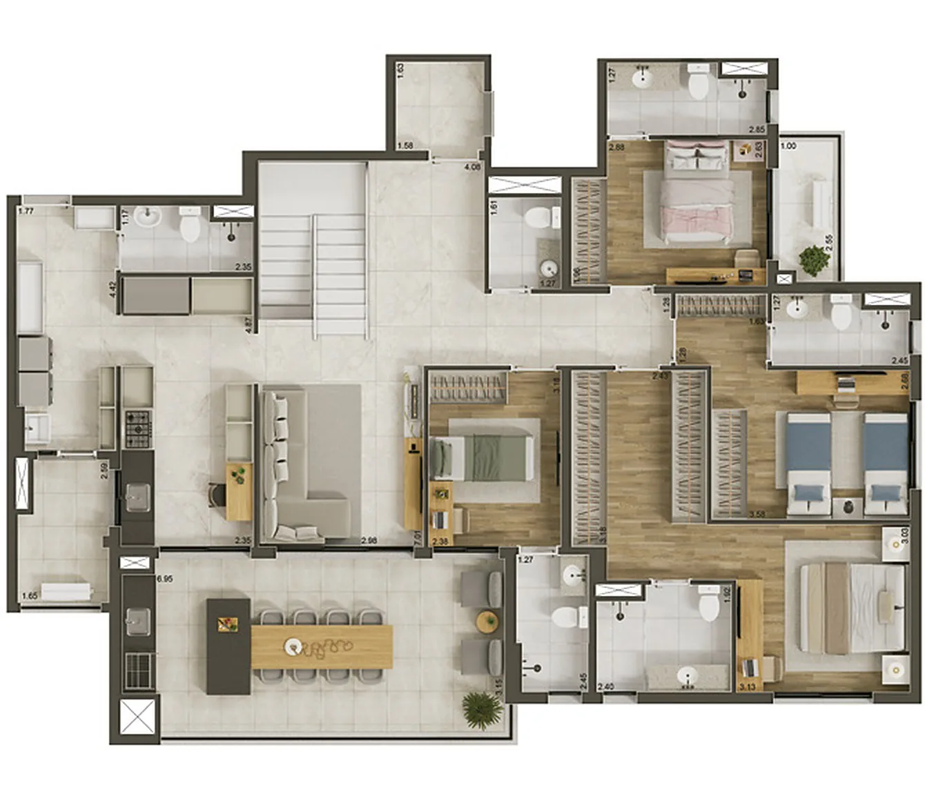 Cobertura 343,92 m², pavimento inferior com 4 suítes