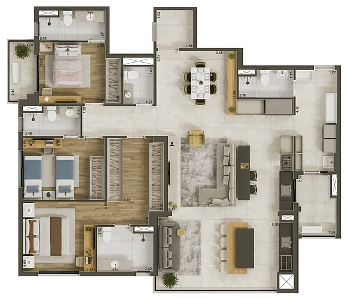 Planta 150,38 m² opção 02 com 3 suítes e living ampliado